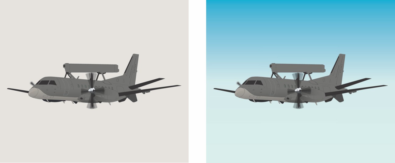 Two identical military aircraft with radar domes flying against beige and blue gradient backgrounds