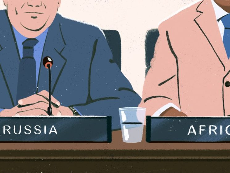 Illustrated UN Security Council meeting with representatives from Russia, Africa, United States and France at desk