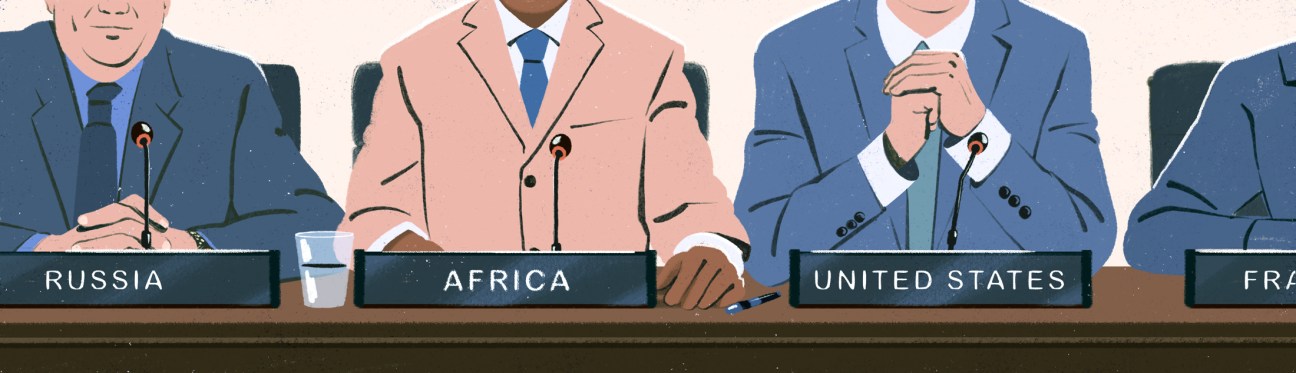 Illustrated UN Security Council meeting with representatives from Russia, Africa, United States and France at desk