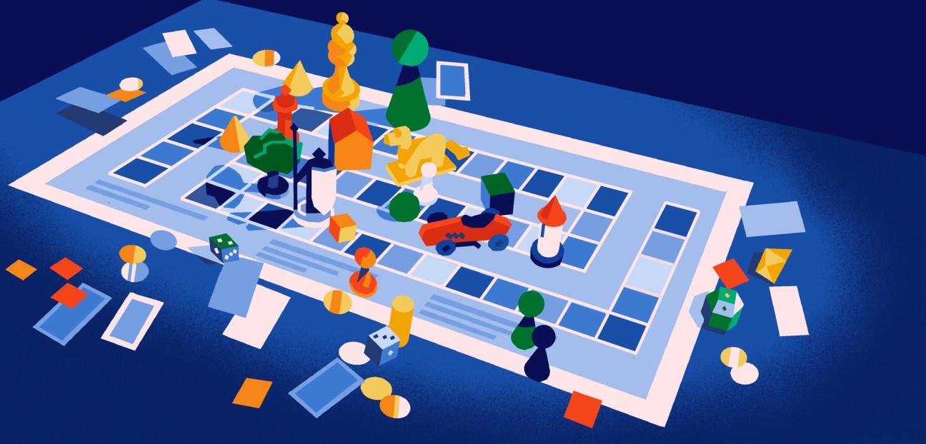 Isometric illustration of a board game layout with colorful game pieces, dice, and cards on a blue background.