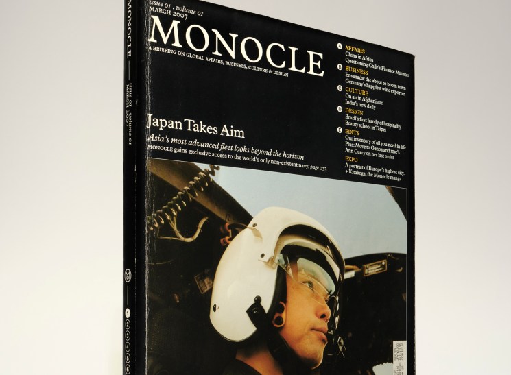 Monocle magazine Issue 01 March 2007 cover featuring a pilot in Japan's Self-Defense Forces wearing a white helmet.