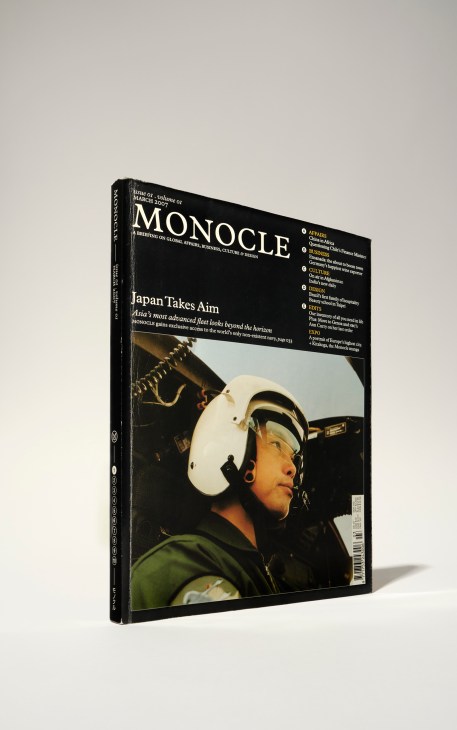 Monocle magazine Issue 01 March 2007 cover featuring a pilot in Japan's Self-Defense Forces wearing a white helmet.