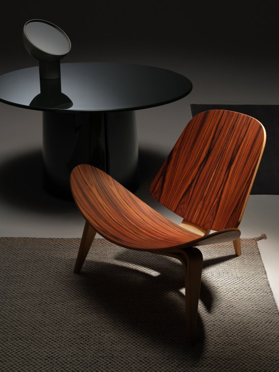 Sound mirror in hand-welded steel by Fred Rigby Studio, alongside Mateo table with flared base and circular top