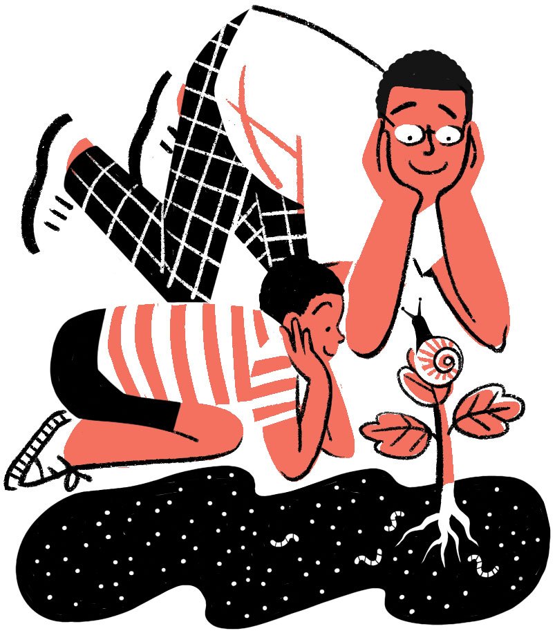 Two people lying on ground with hands on faces while small plant grows from dark soil below