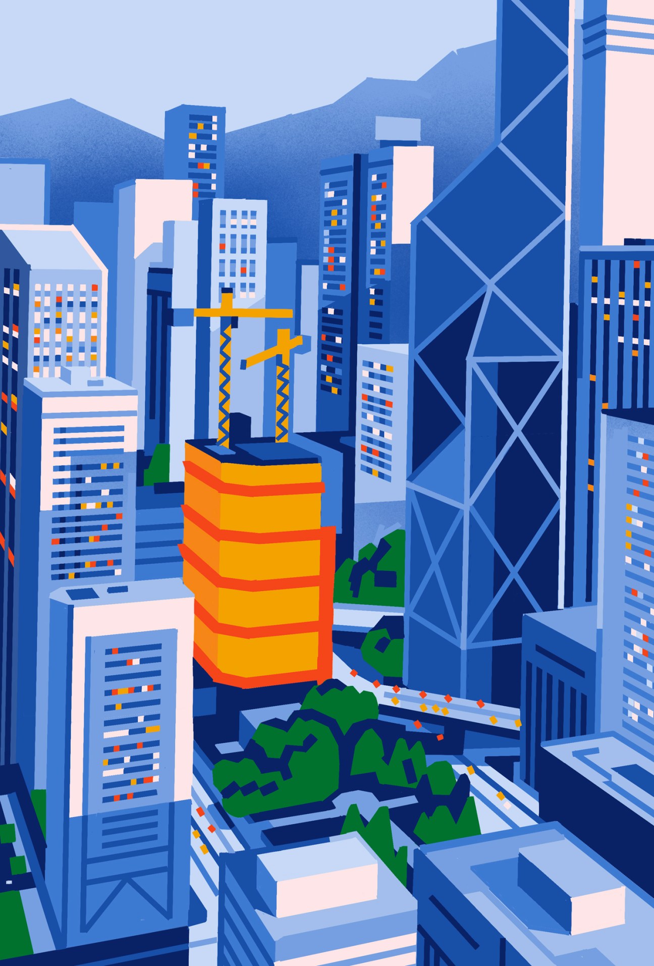 Illustrated cityscape of Hong Kong with blue skyscrapers, construction cranes, and green spaces.