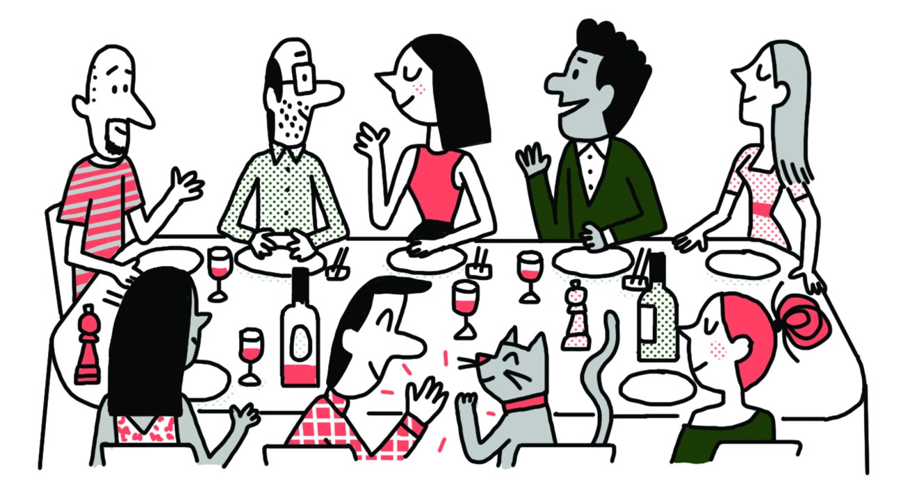Illustration of five people seated at a dinner table with food, wine, and a cat.