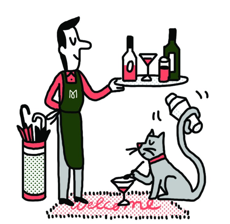 Illustration of a waiter holding a tray of drinks with a cat sitting nearby holding a cocktail glass
