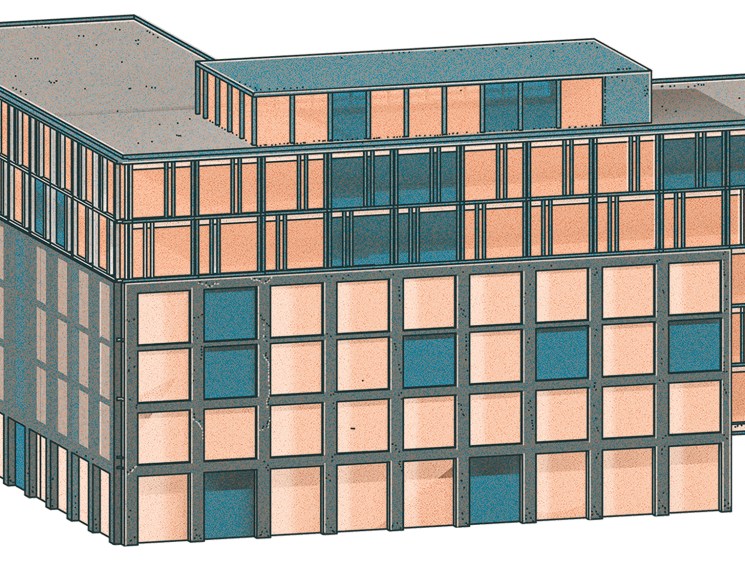 Architectural rendering of the Reykjavík Edition hotel showing a modern multi-story building with grid-pattern windows