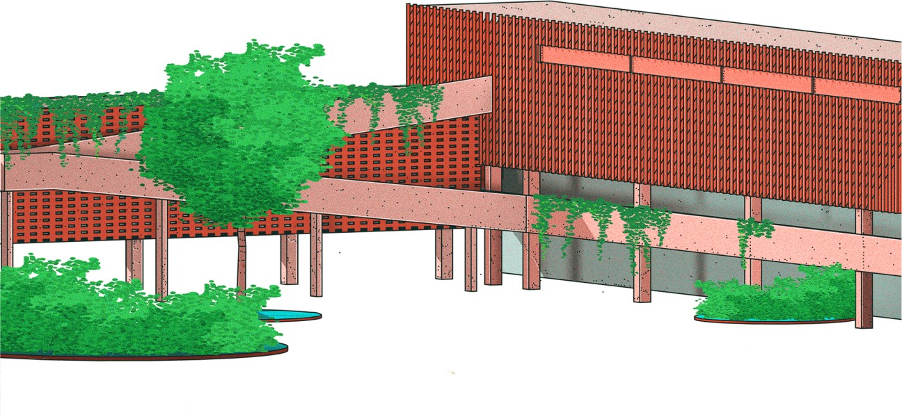 Architectural illustration of Desa Potato Head Bali showing modern tropical buildings with red tile roofs and green vegetation