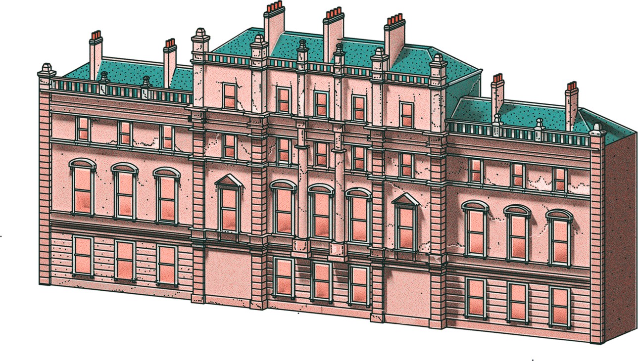 Architectural illustration of NoMad London hotel in a former courthouse building with Victorian brick facade