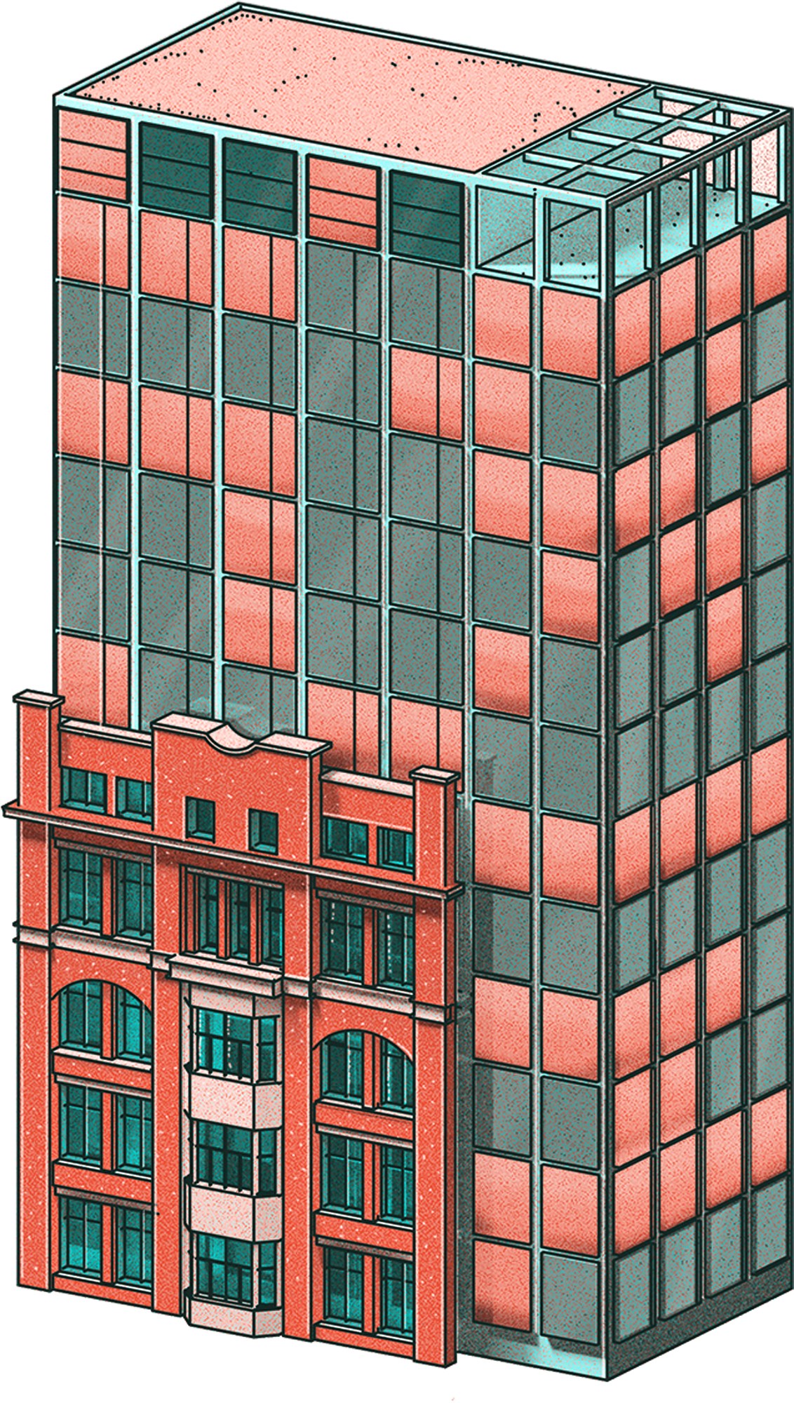 Architectural rendering of modern high-rise tower building with glass facade and geometric design