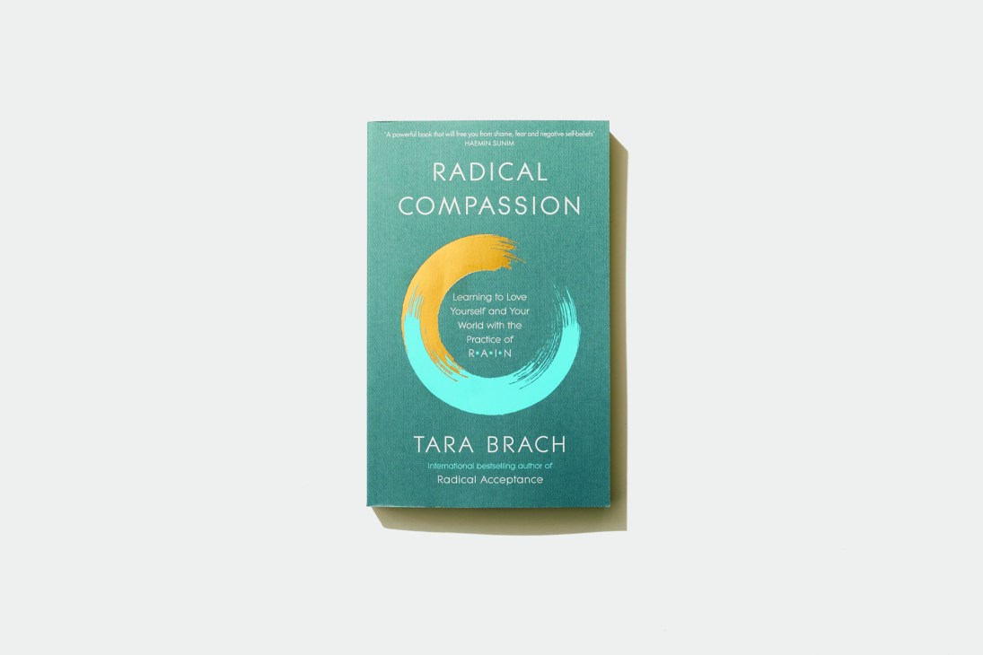 Cover of Radical Compassion by Tara Brach, featuring turquoise and gold brushstroke design.