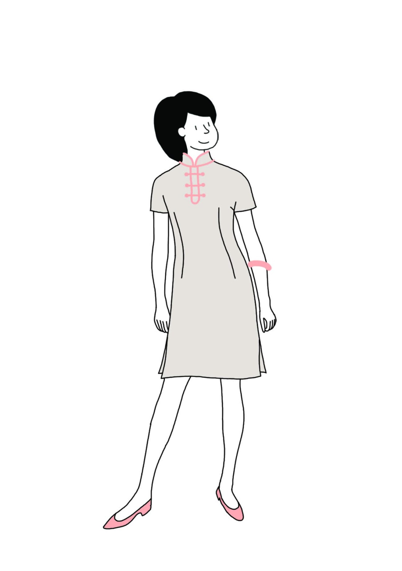 Woman wearing traditional Chinese qipao dress with geometric pattern