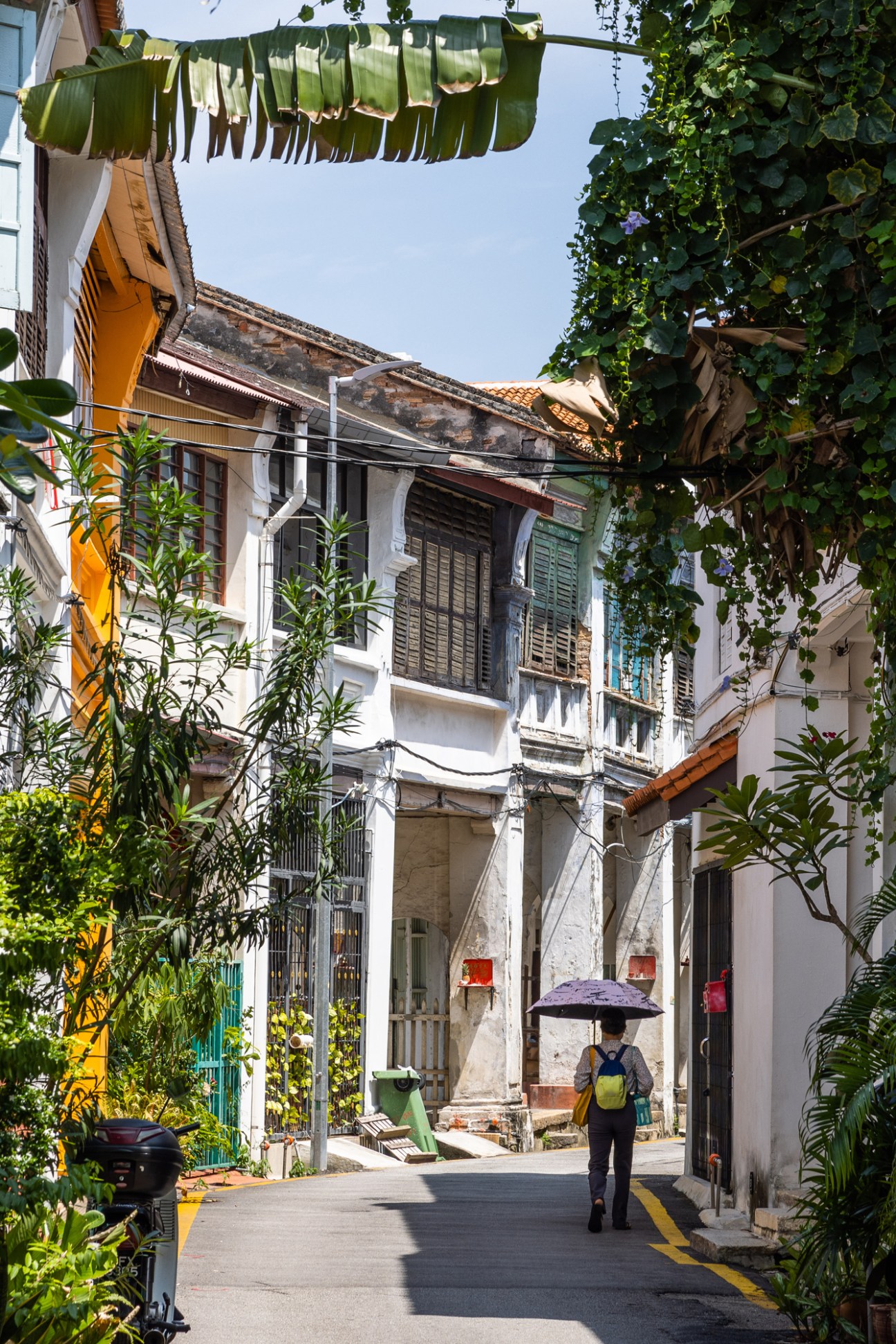 Historic narrow lane with traditional shophouses and modern visitors walking through the heritage district