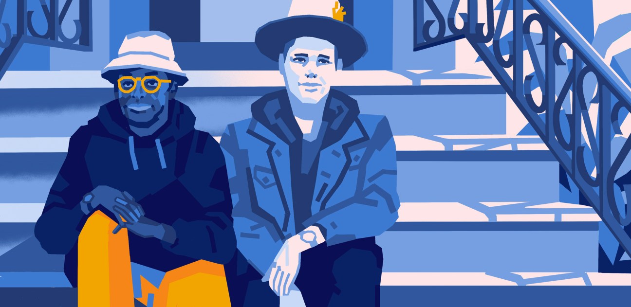Illustration of two men sitting on steps in a blue-toned streetscape.
