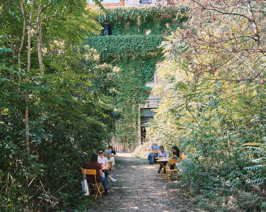 People sitting at yellow tables and chairs along a tree-lined path surrounded by lush green vegetation and ivy-covered walls