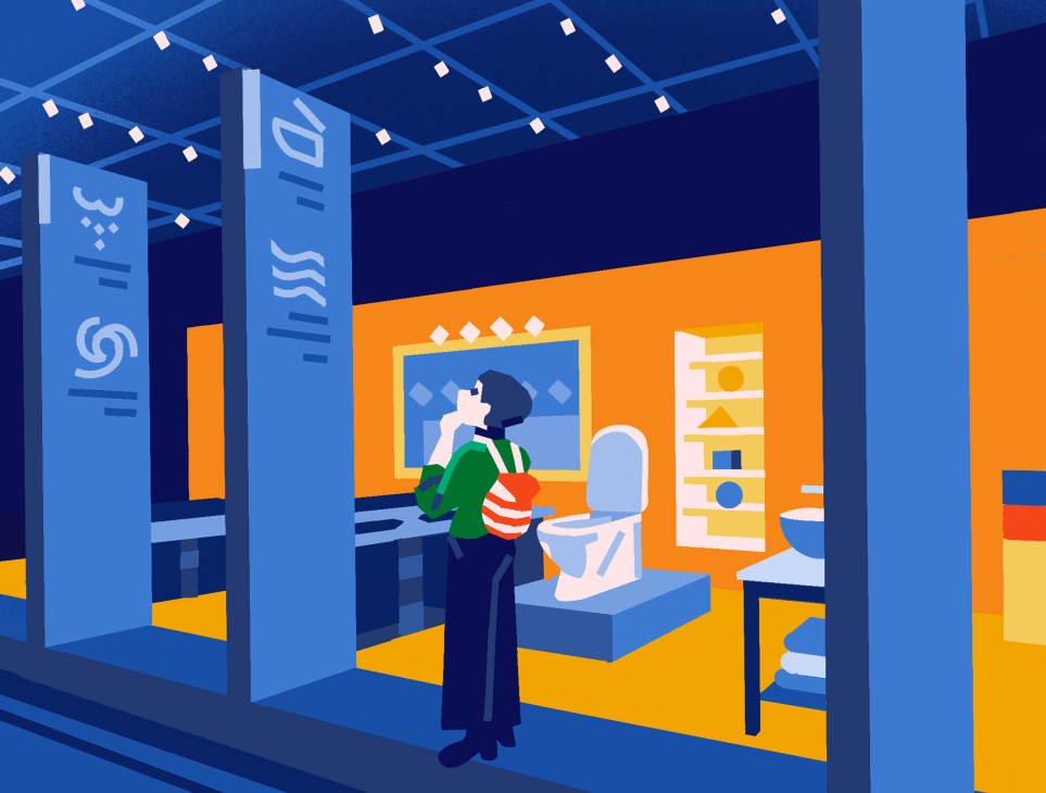 Illustration of a person in a bathroom showroom with blue walls, orange accents, and modern toilet fixtures displayed on shelves.