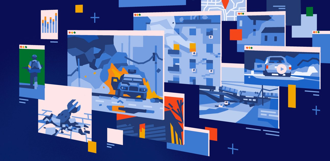 Illustration of digital screens and windows displaying maps, vehicles, and data visualizations in blue and orange tones.