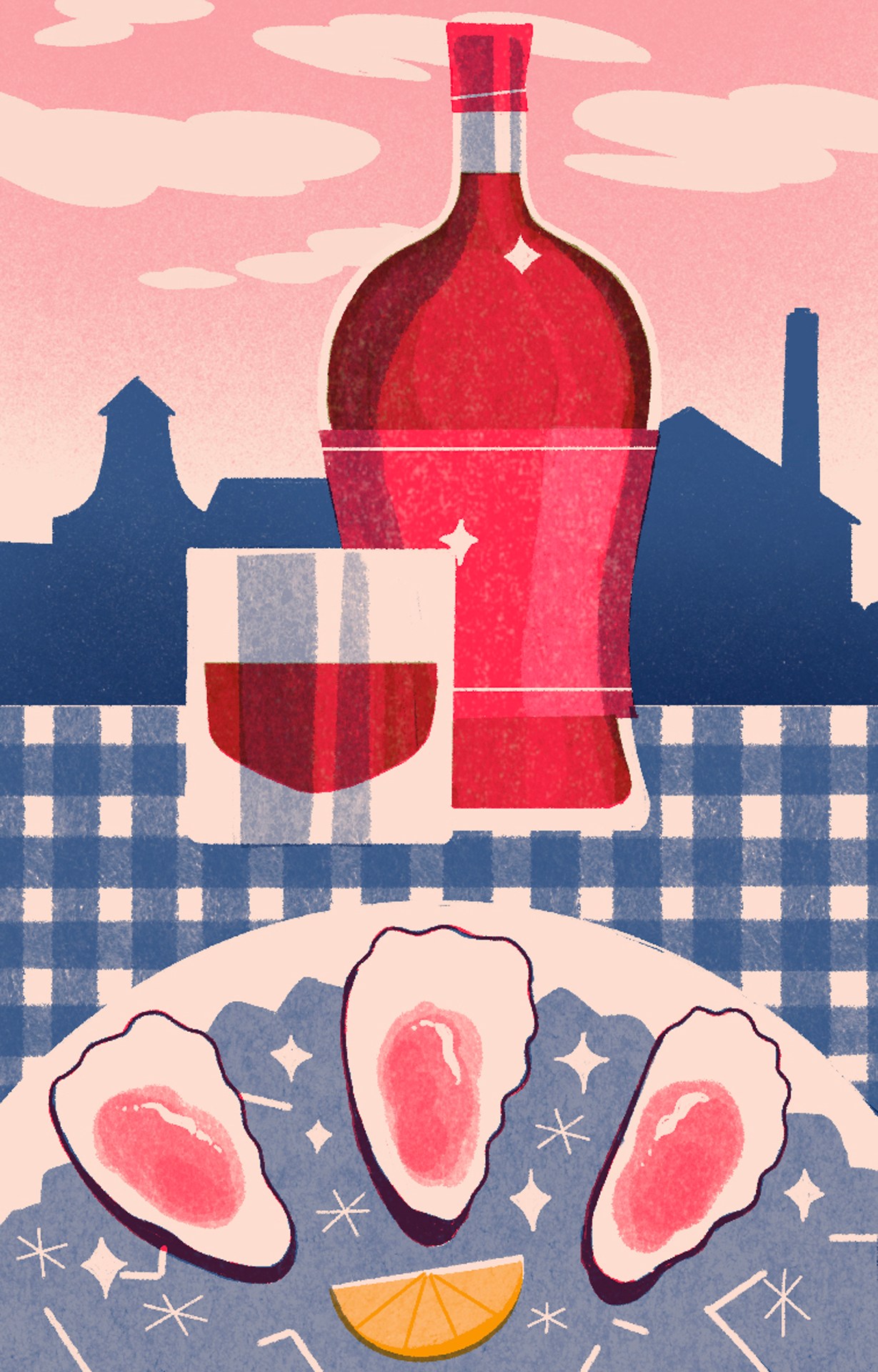 Stylized illustration of red wine bottle and glass with oysters on checkered tablecloth