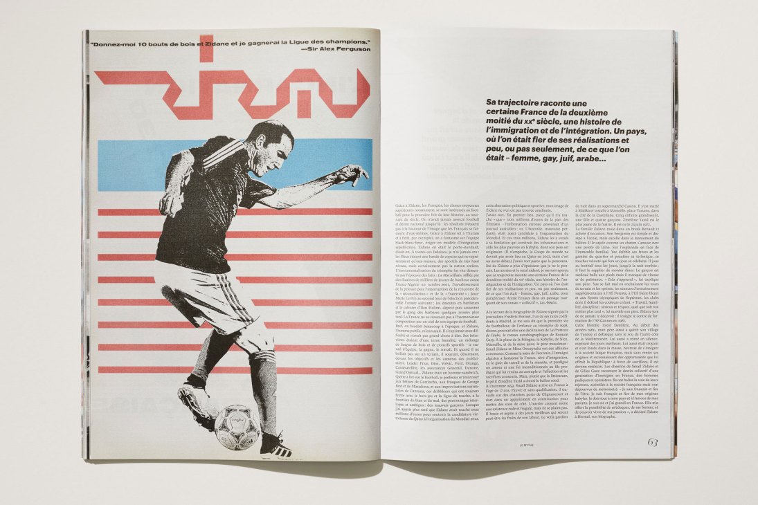 Magazine spread featuring footballer Zinédine Zidane with French text and red geometric design elements