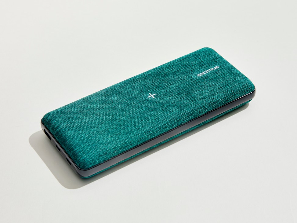 Excitrus 100W Charger with teal fabric cover and wireless charging pad on top