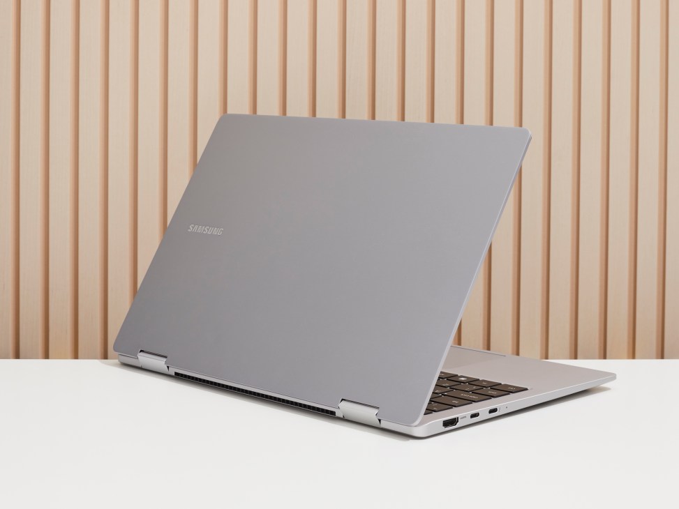 Samsung Galaxy Book 2 360 convertible laptop shown partially folded on white surface