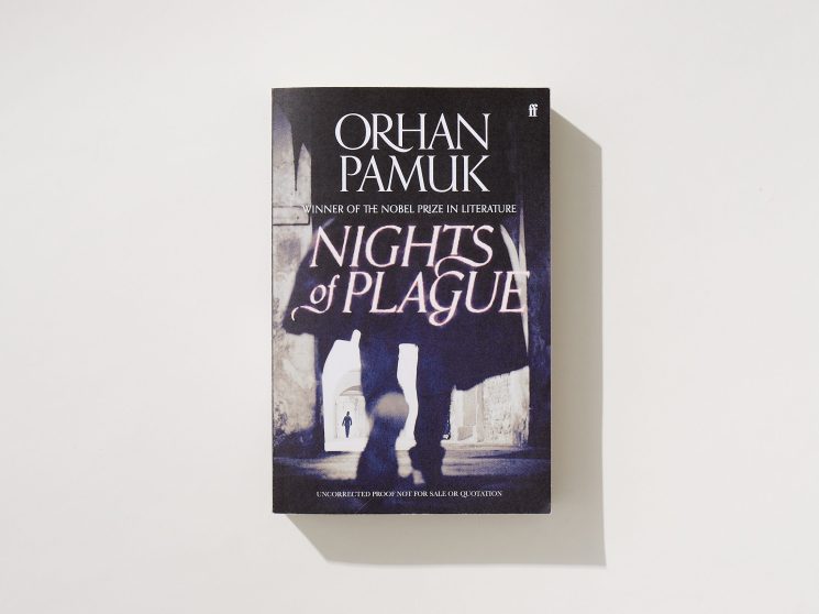 Book cover of Nights of Plague by Orhan Pamuk showing silhouetted figures in archway