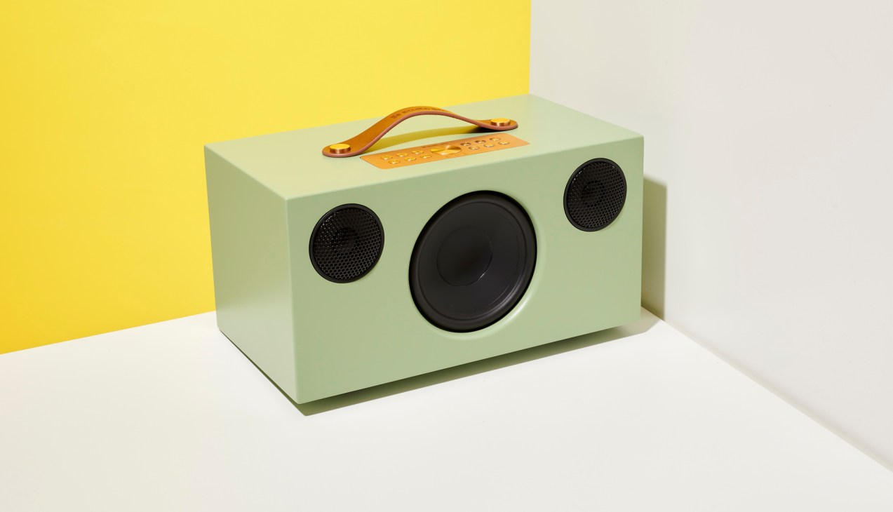 Audio Pro C10 Mk II speaker in sage green with leather carry handle