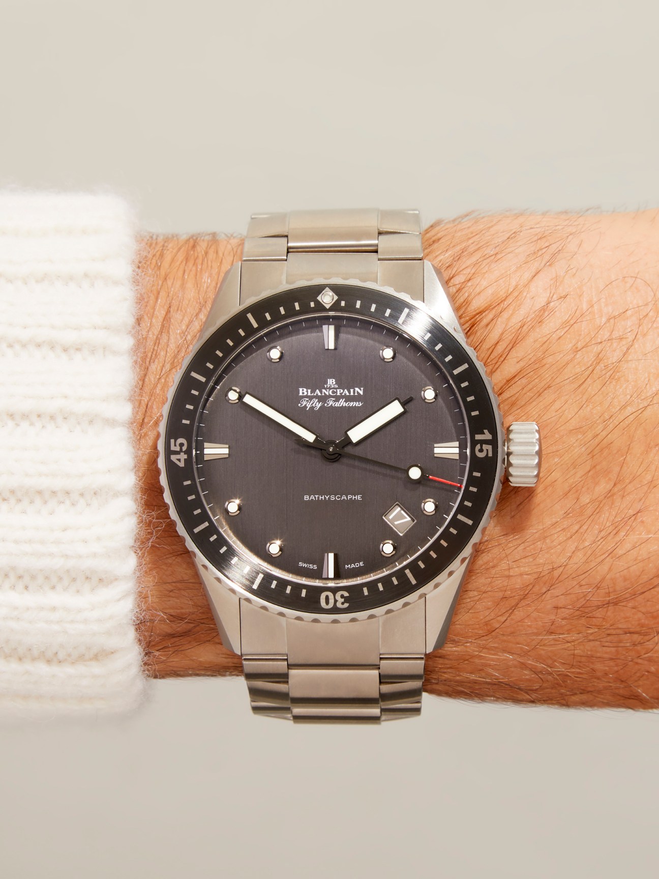 Blancpain Fifty Fathoms Bathyscaphe diving watch with dark gray dial and stainless steel bracelet