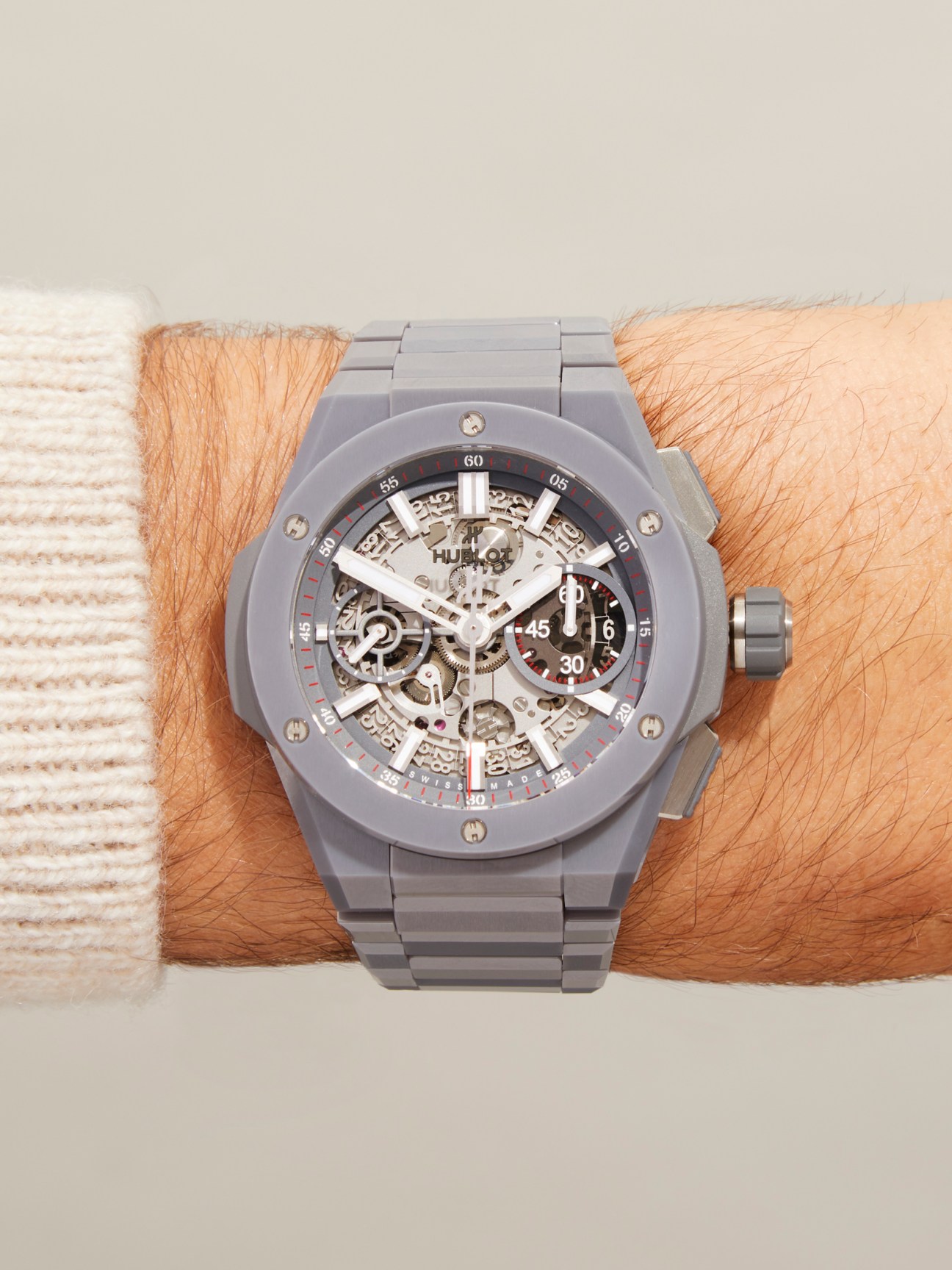 Hublot Big Bang Integrated Grey Ceramic watch with skeleton dial worn on wrist