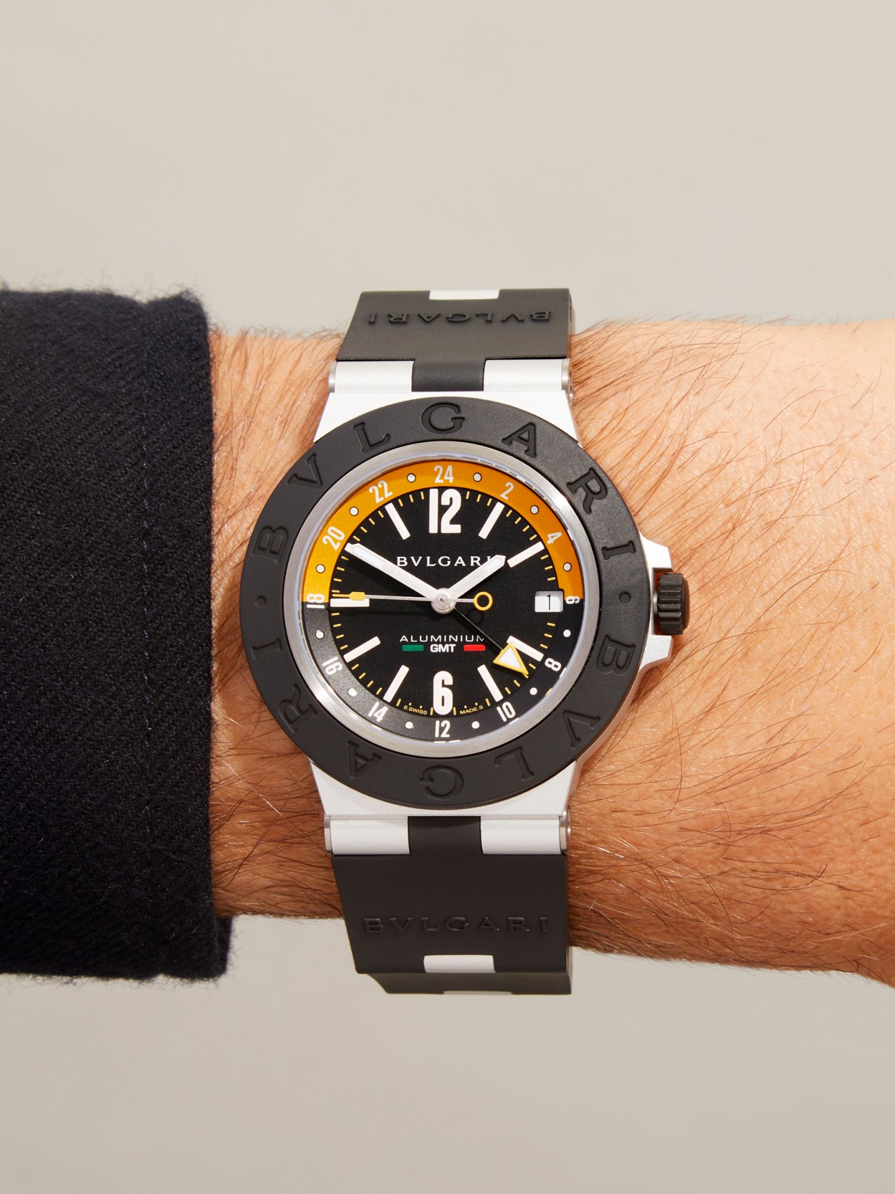 Bulgari Aluminium GMT Amerigo Vespucci special edition watch with black rubber strap worn on wrist