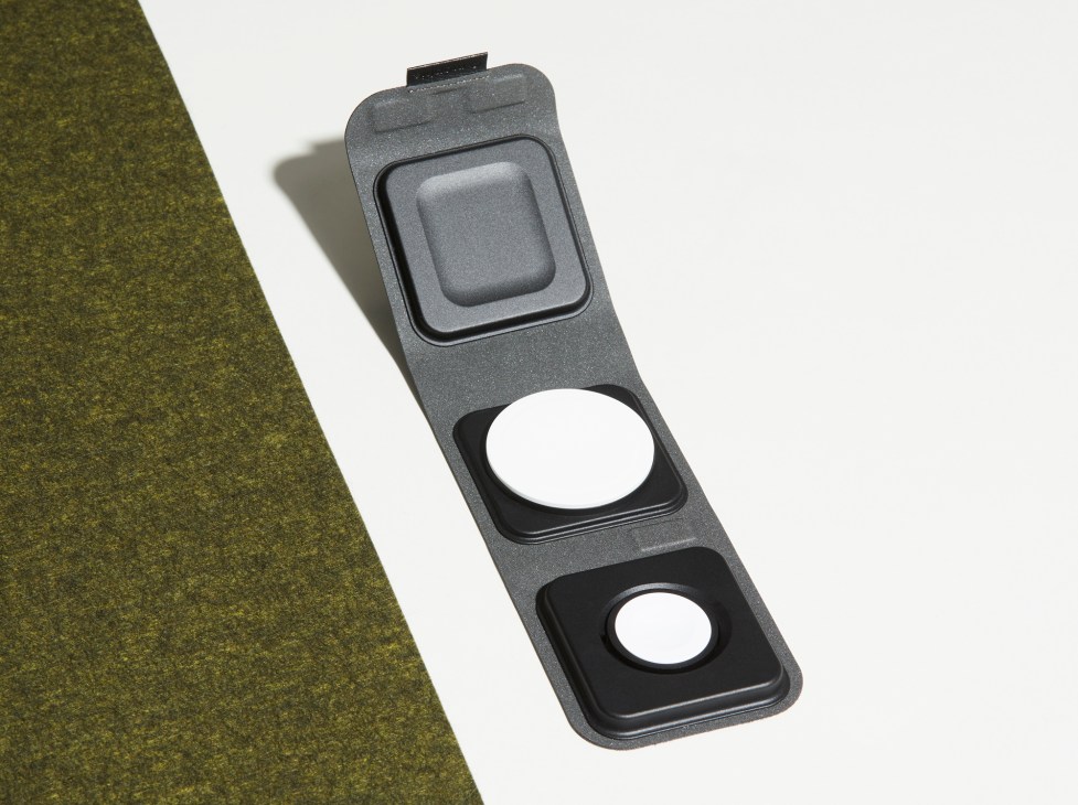 Mophie 3-in-1 travel charger with MagSafe showing wireless charging stations for phone, earbuds and Apple Watch
