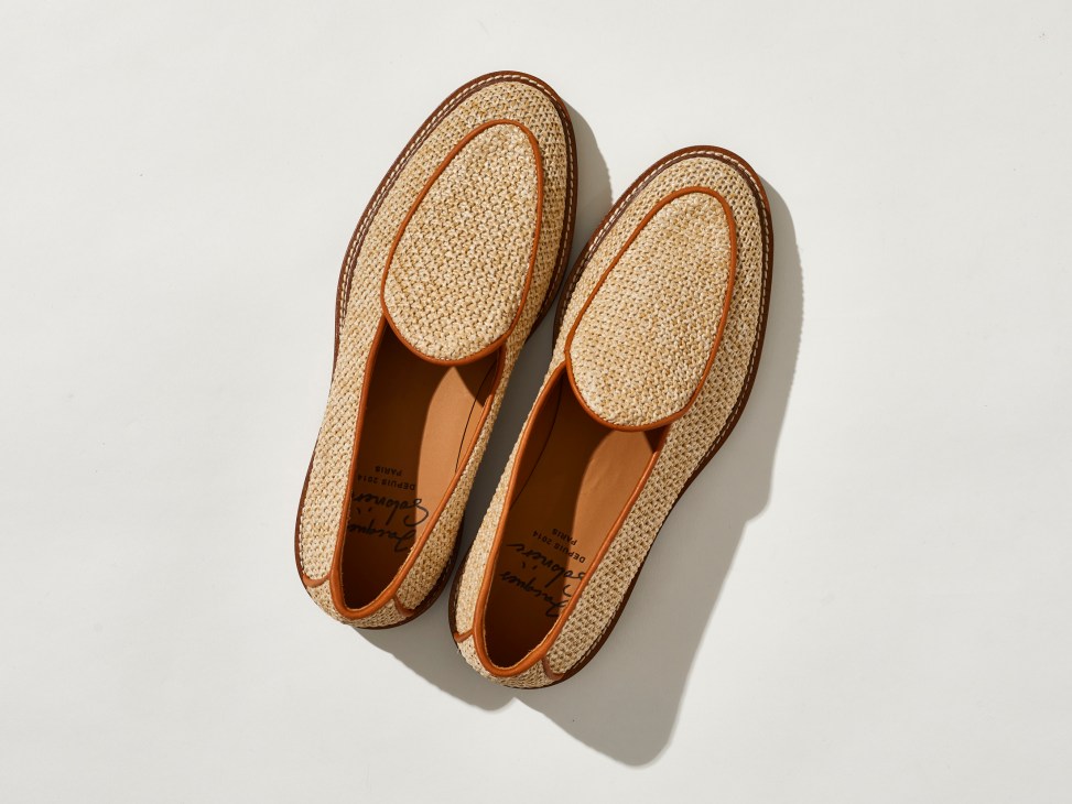 Natural raffia woven loafer by Jacques Solovière with leather trim