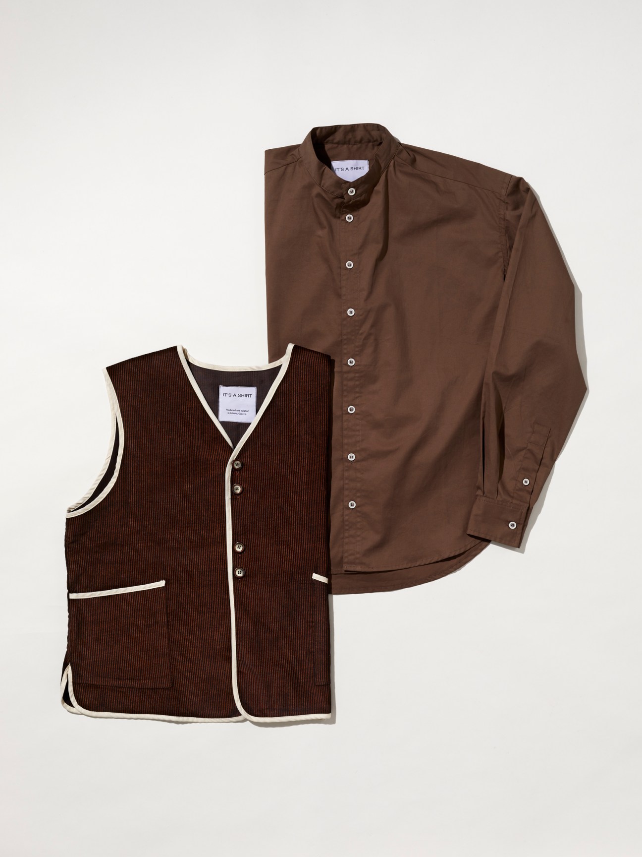 Brown button-up shirt and corduroy vest from It's a Shirt displayed on neutral background