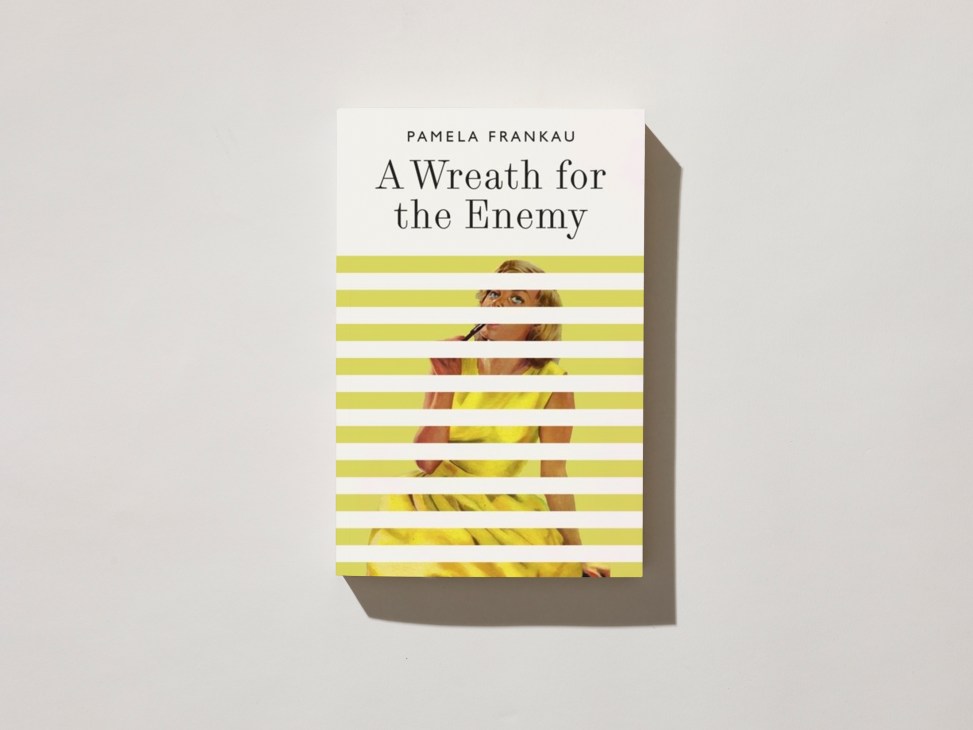 Book cover of "A Wreath for the Enemy" by Pamela Frankau with yellow and white horizontal stripes.
