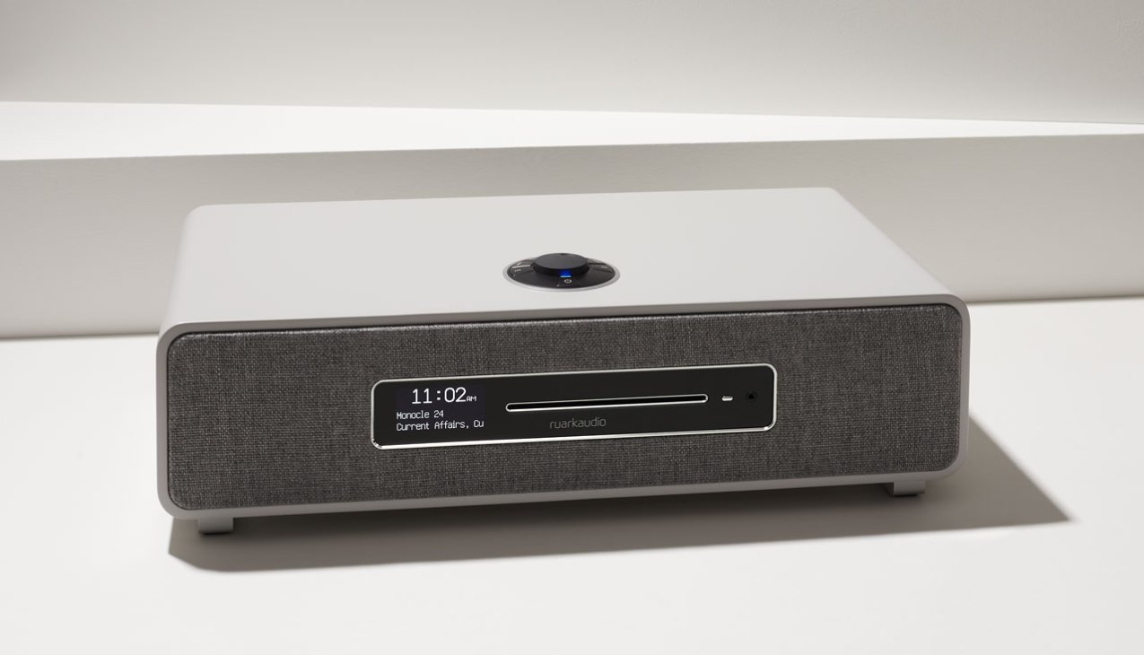 Ruark Audio all-in-one speaker displaying time and radio station on screen