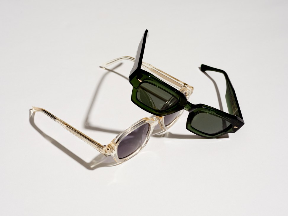 Two pairs of sunglasses - clear frames and green geometric frames by Ahlem