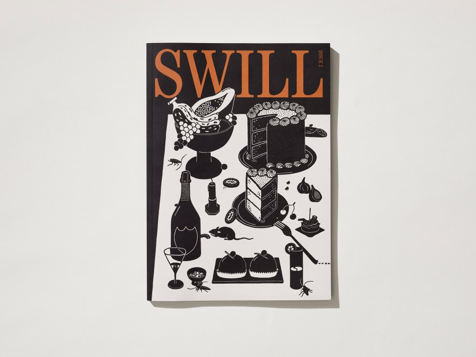 Cover of Swill magazine Issue 2 featuring artistic food tableau by illustrator Allie Webb