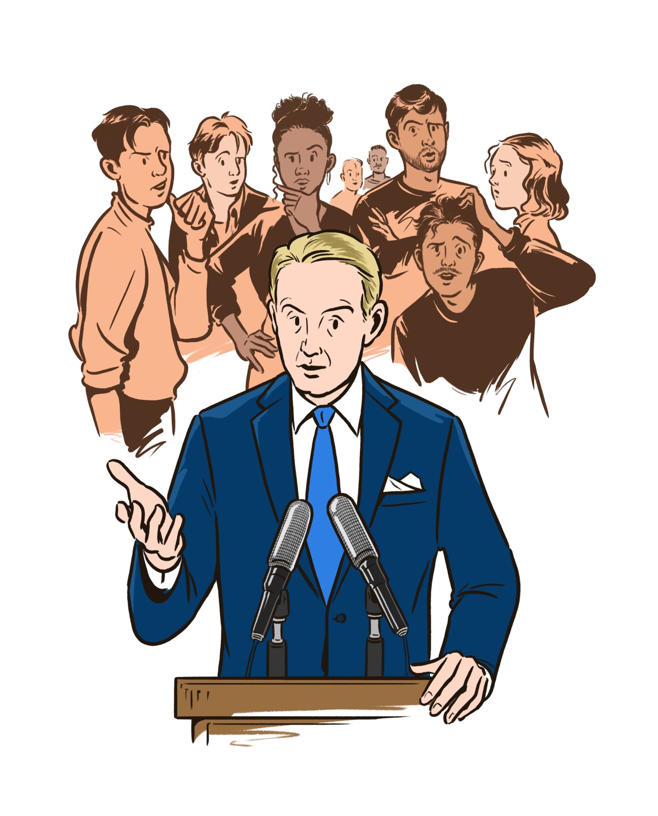Politician in blue suit speaking at podium with microphones while diverse group of people stand behind him