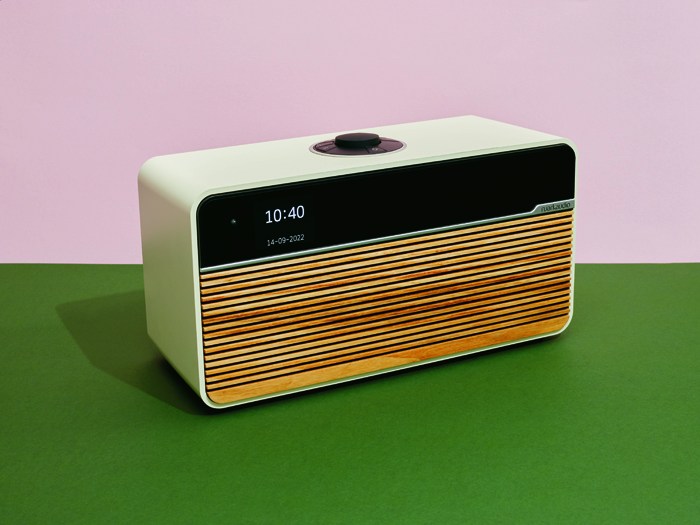 Ruark Audio R2 Mk4 Smart Music System with cream finish, slatted wood grille and digital display