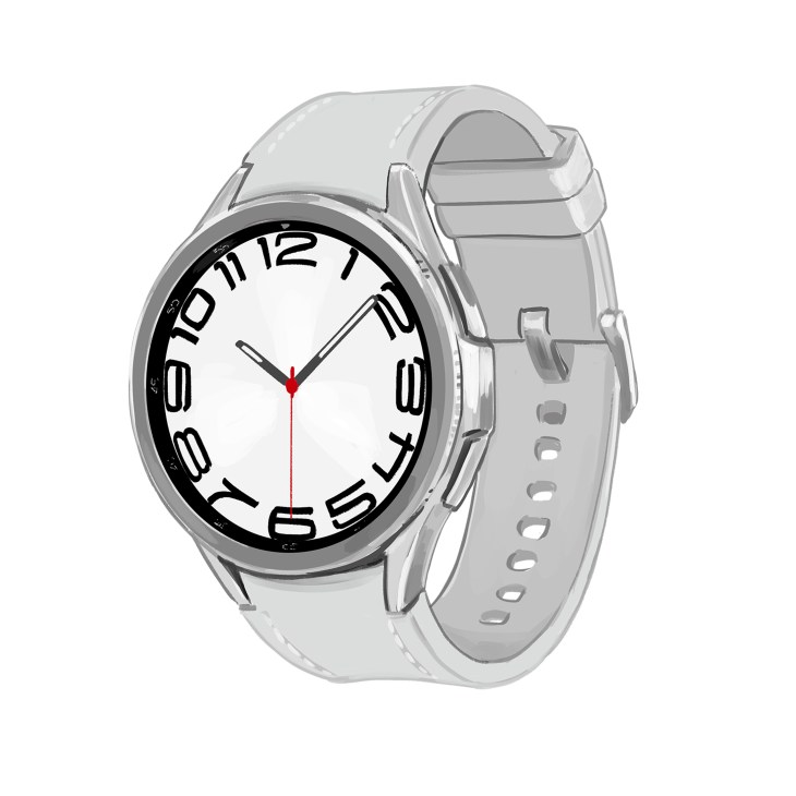 Samsung Galaxy Watch6 Classic with clear transparent band showing white face with large black numbers and red second hand