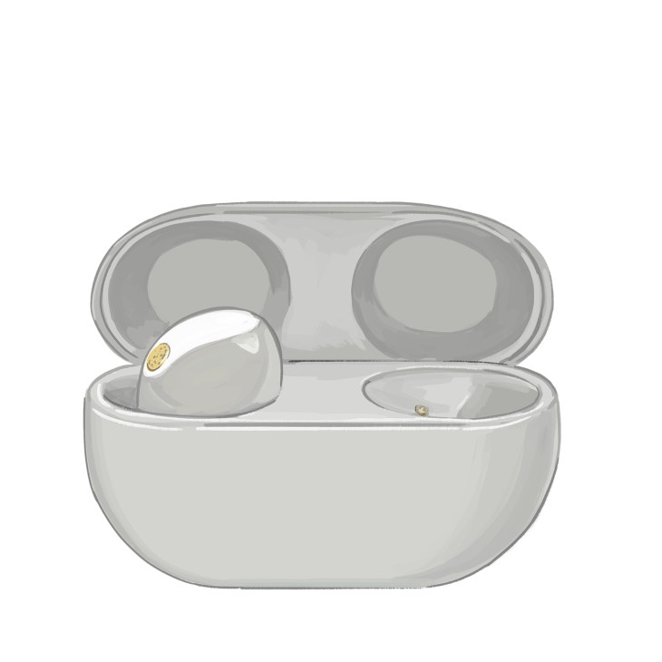 White Sony WF-1000XM5 wireless earbuds in an open charging case showing the compact design