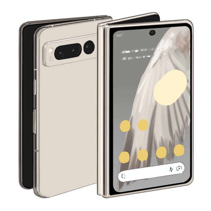 Google Pixel Fold smartphone shown open and closed, displaying cream-colored back and screen with bokeh wallpaper