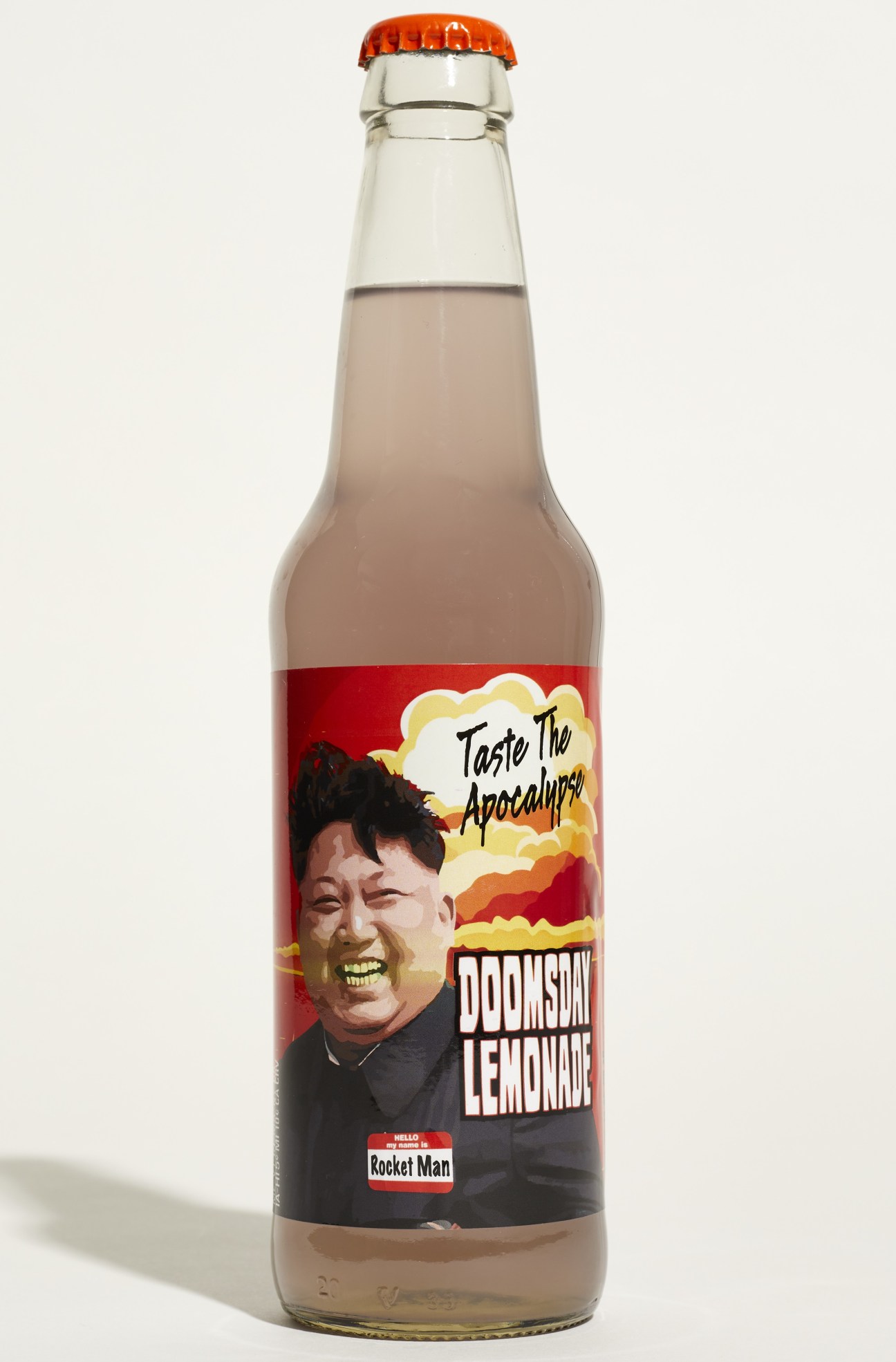 Rocket Fizz soda bottle featuring Kim Jong-il with 'Doomsday Lemonade' and 'Taste The Apocalypse' text