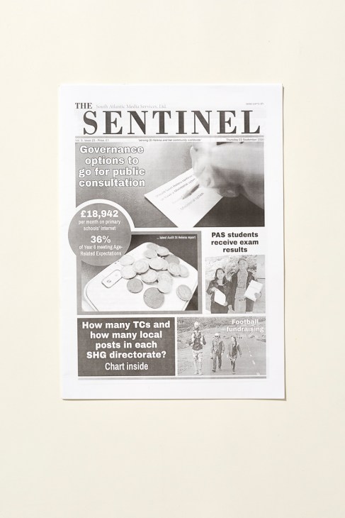 Front page or masthead of The Sentinel newspaper from St Helena