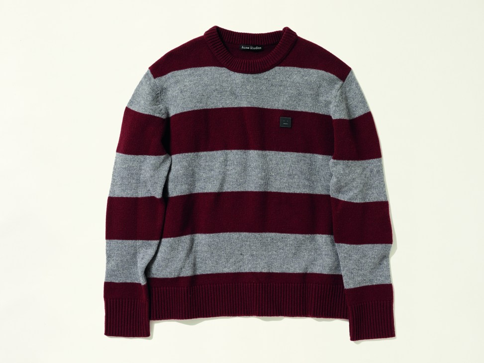Acne Studios burgundy and gray striped knit sweater with oversized fit from the Face line
