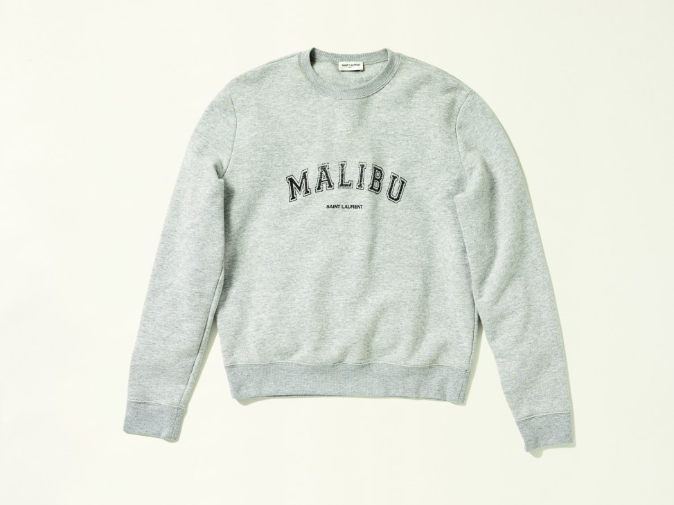 Gray Saint Laurent sweatshirt with 'MALIBU' text in collegiate lettering style