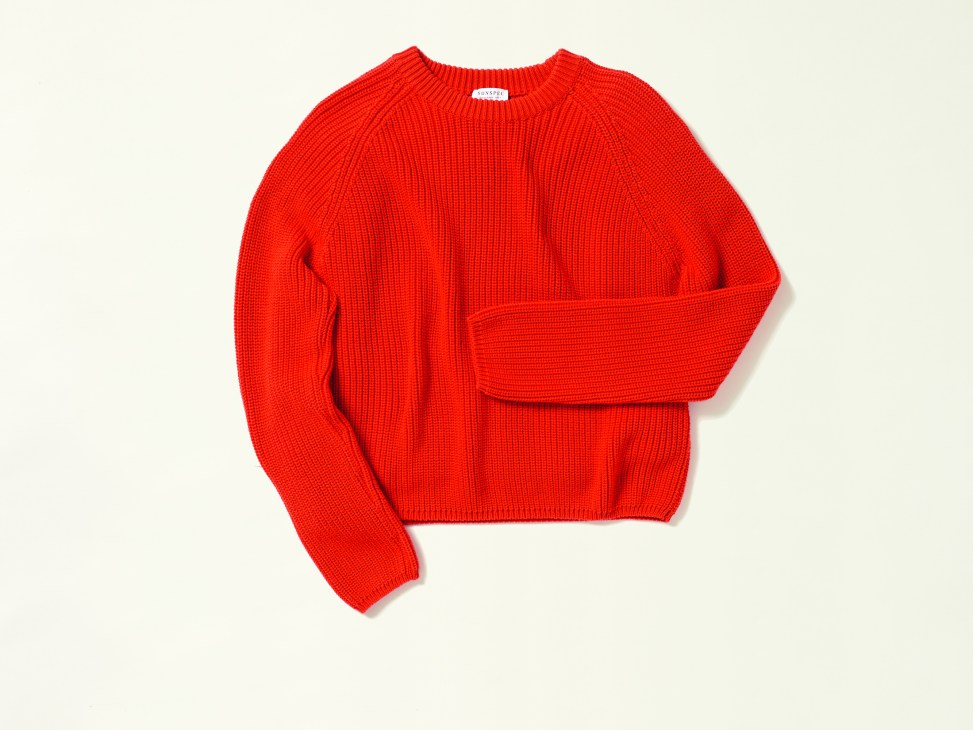 Red ribbed knit sweater with crew neck and long sleeves by Sunspel
