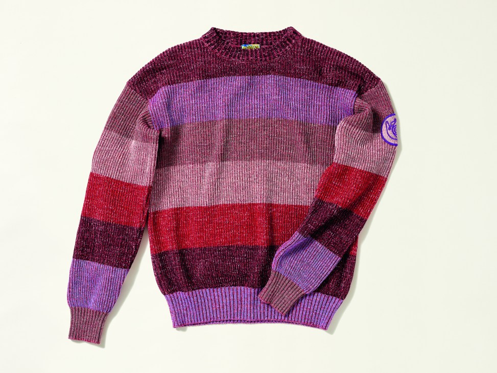Loewe striped knit sweater in purple, burgundy and red horizontal stripes