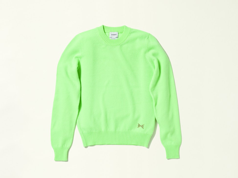 Bright green cashmere sweater by Barrie with ribbed neckline, cuffs and hem